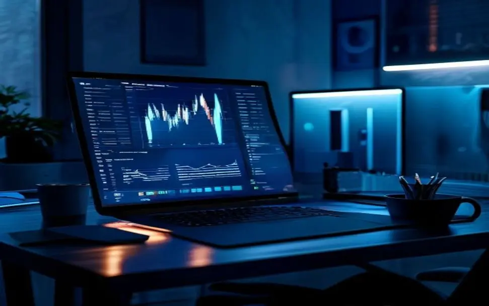 Analytics dashboard on a laptop in a dark office