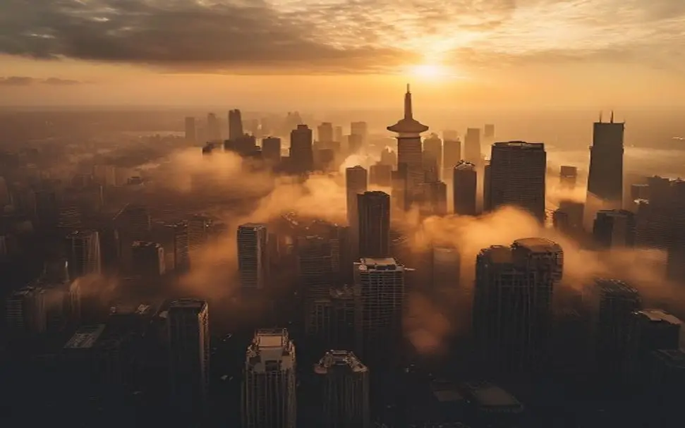 City skyline at sunrise above low clouds